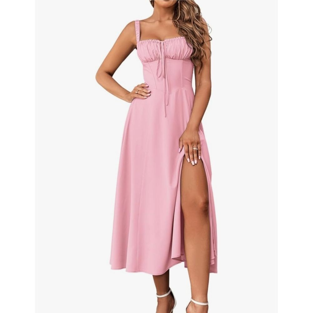NWT GLNEGE Women's S Corset Lace Up Pink Flowy Milkmaid Boho Midi Dress